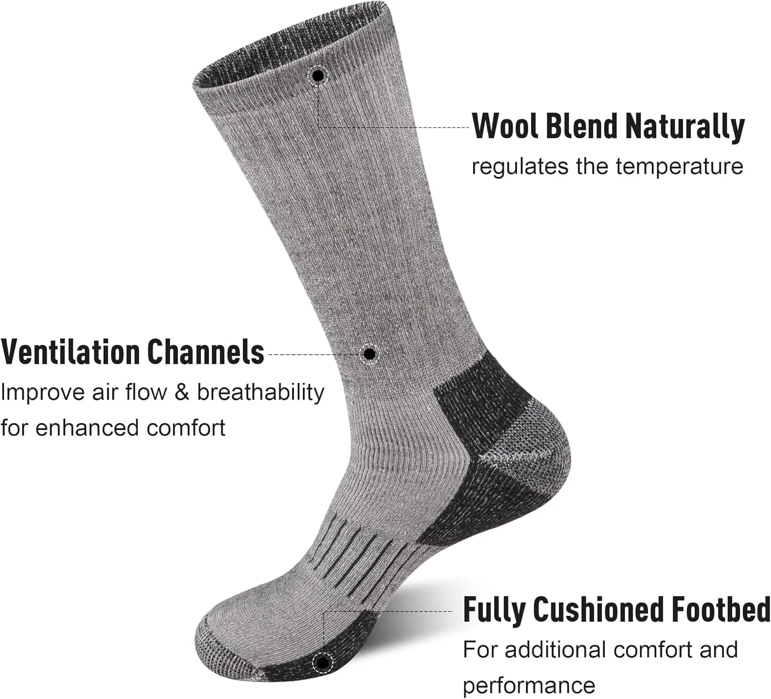 ECOEY Men's Merino Wool Cushioned Hiking Trekking Crew Socks 4 Pairs, Middle Calf Length with Moisture Wicking