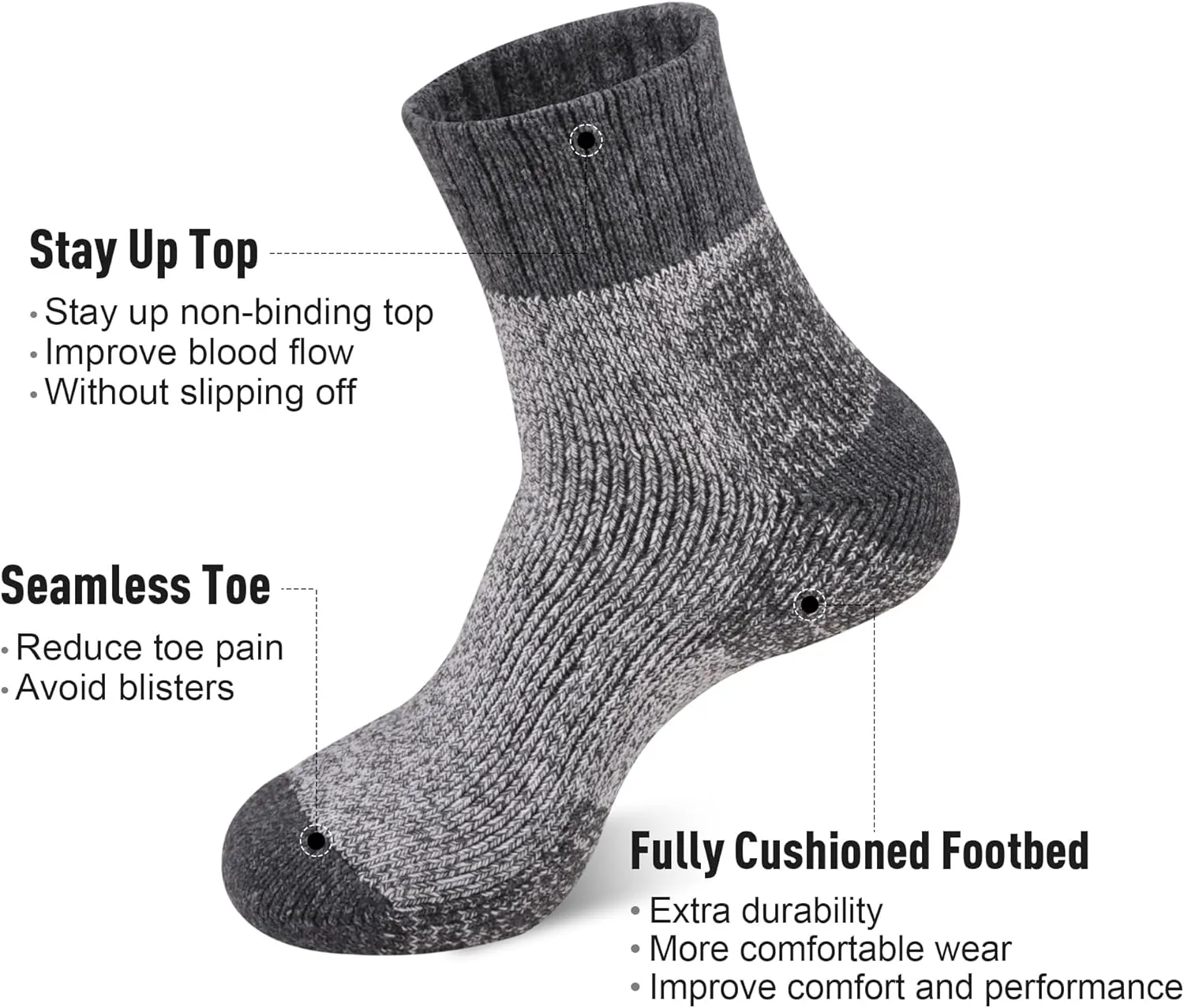 ECOEY Men's Merino Wool Cushioned Hiking Trekking Socks 4 Pairs, Quarter Length with Moisture Wicking