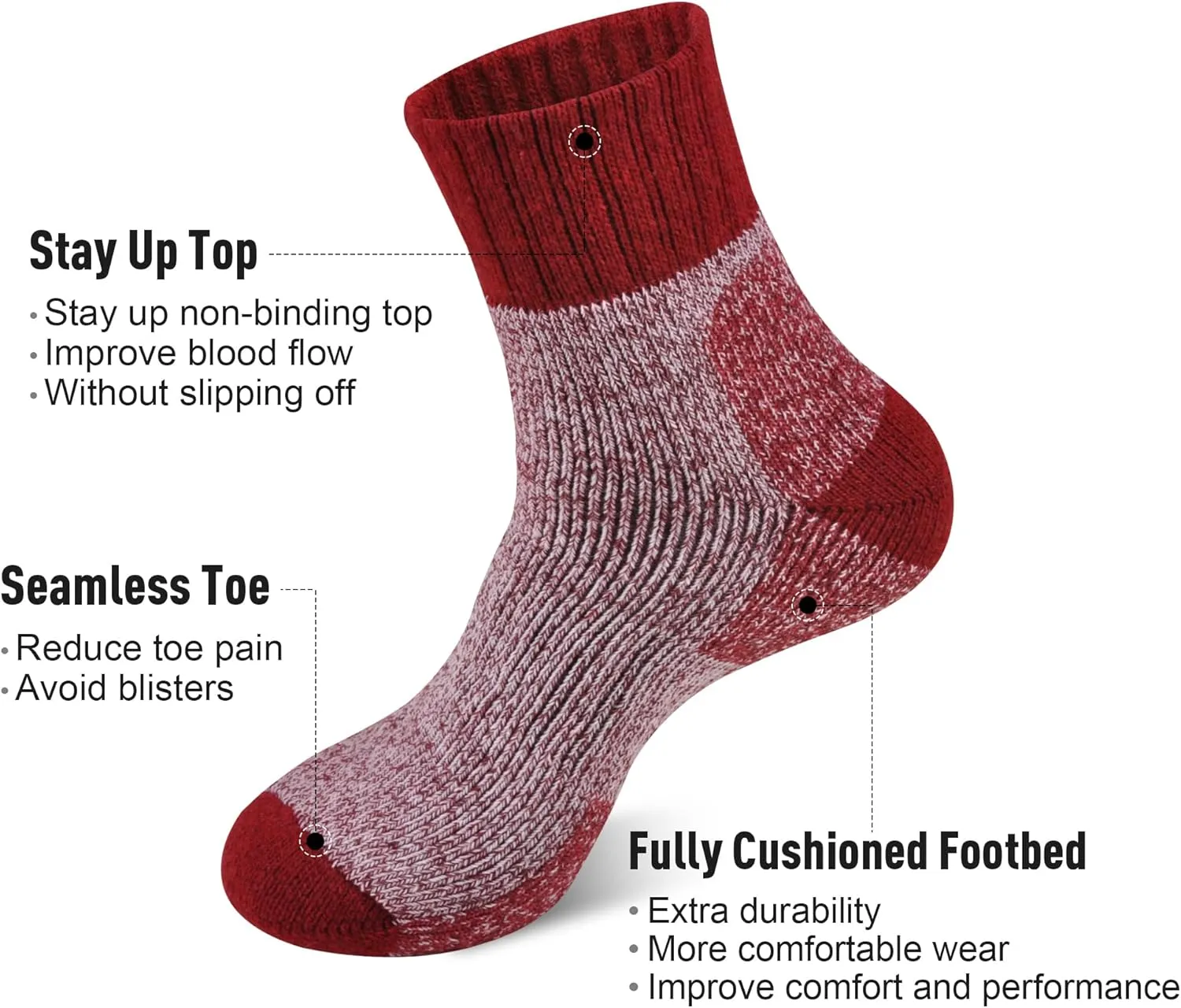 ECOEY Men's Merino Wool Cushioned Hiking Trekking Socks 4 Pairs, Quarter Length with Moisture Wicking