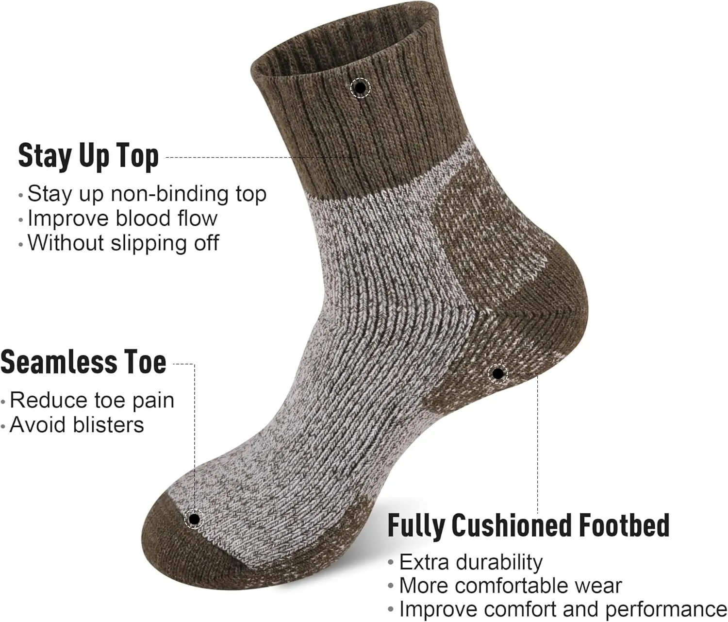 ECOEY Men's Merino Wool Cushioned Hiking Trekking Socks 4 Pairs, Quarter Length with Moisture Wicking