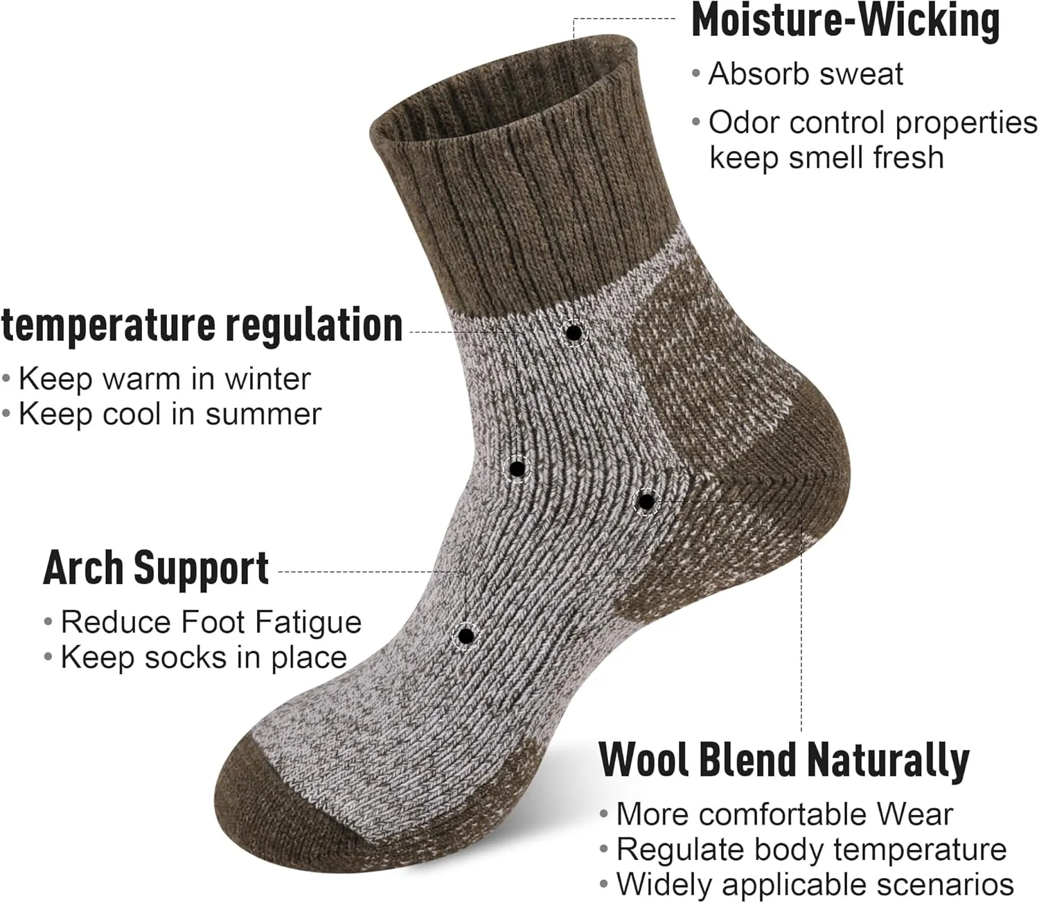 ECOEY Men's Merino Wool Cushioned Hiking Trekking Socks 4 Pairs, Quarter Length with Moisture Wicking