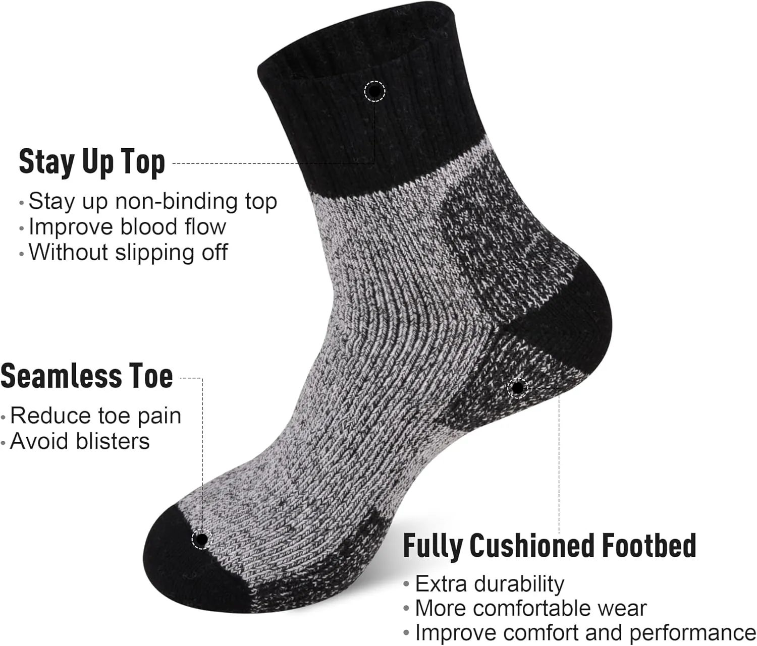 ECOEY Men's Merino Wool Cushioned Hiking Trekking Socks 4 Pairs, Quarter Length with Moisture Wicking