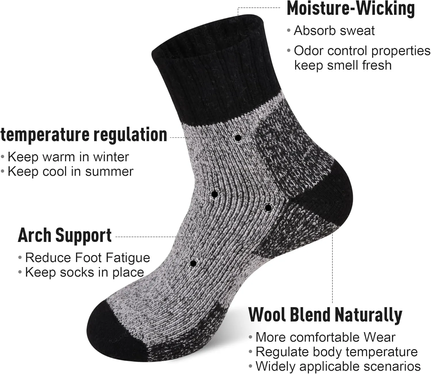 ECOEY Men's Merino Wool Cushioned Hiking Trekking Socks 4 Pairs, Quarter Length with Moisture Wicking