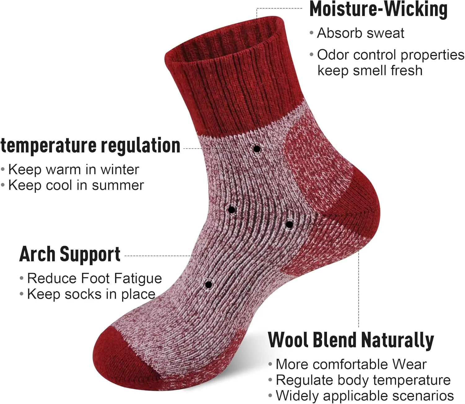 ECOEY Men's Merino Wool Cushioned Hiking Trekking Socks 4 Pairs, Quarter Length with Moisture Wicking