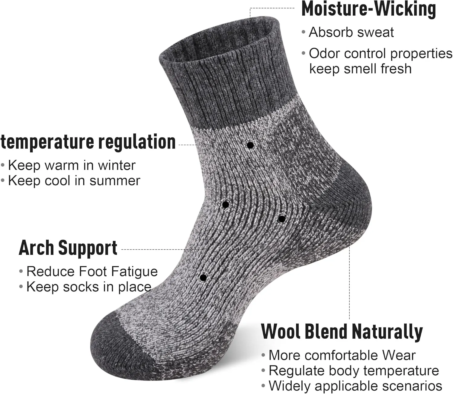 ECOEY Men's Merino Wool Cushioned Hiking Trekking Socks 4 Pairs, Quarter Length with Moisture Wicking