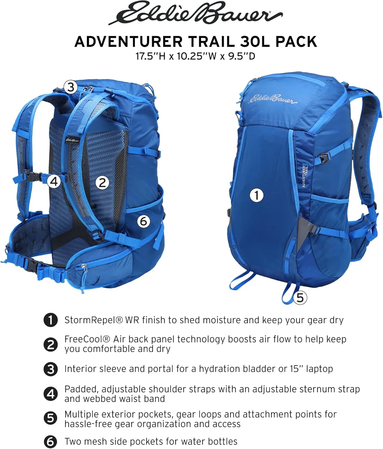 Eddie Bauer Backpack with Organization Compartments and Hydration/Laptop Compatible Sleeve, Adventurer Trail-Black, 30L