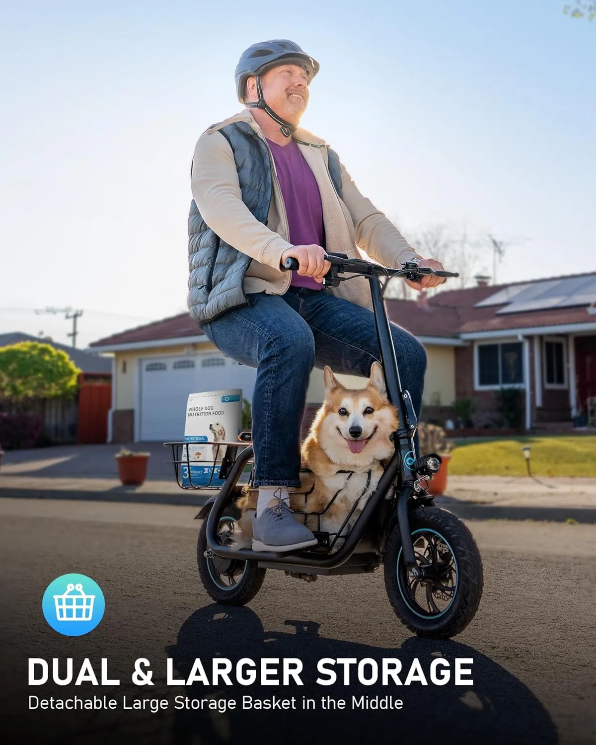 Electric Scooter with Seat, 550W Motor, 18.6MPH Top Speed, 20 Miles Range, Adults Electric Scooter with Large Storage Basket for Pets Dogs and Items C1S-FB4