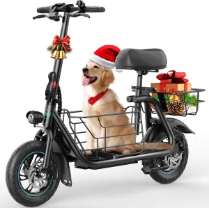 Electric Scooter with Seat, 550W Motor, 18.6MPH Top Speed, 20 Miles Range, Adults Electric Scooter with Large Storage Basket for Pets Dogs and Items C1S-FB4