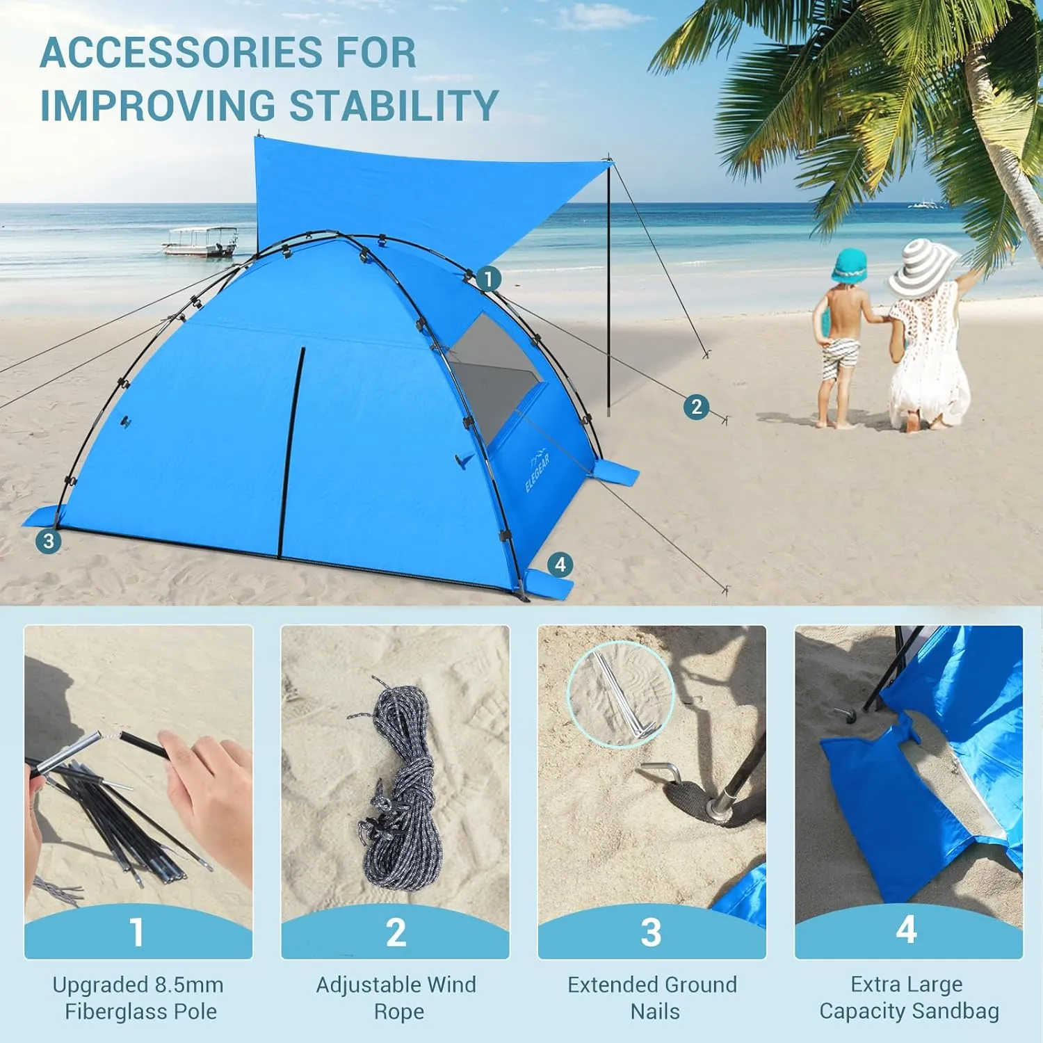 Elegear Beach Tent Sun Shelter with Canopy, 4-5 Person Pop Up Beach Tent Cabana, Easy Setup UPF 50  UV Protection Portable Lightweight Double Silver Coating Sun Shade Shelter - Dark Blue