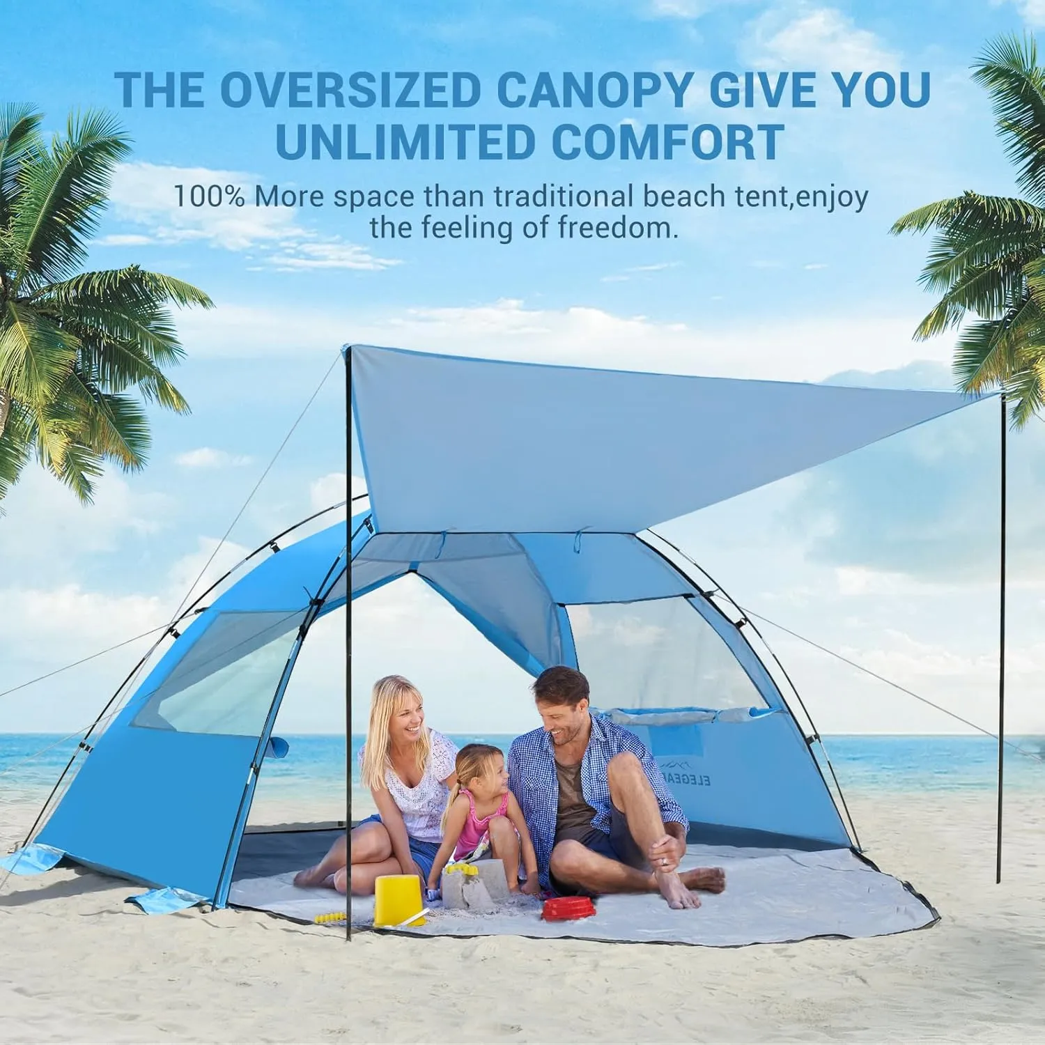 Elegear Beach Tent Sun Shelter with Canopy, 4-5 Person Pop Up Beach Tent Cabana, Easy Setup UPF 50  UV Protection Portable Lightweight Double Silver Coating Sun Shade Shelter - Dark Blue