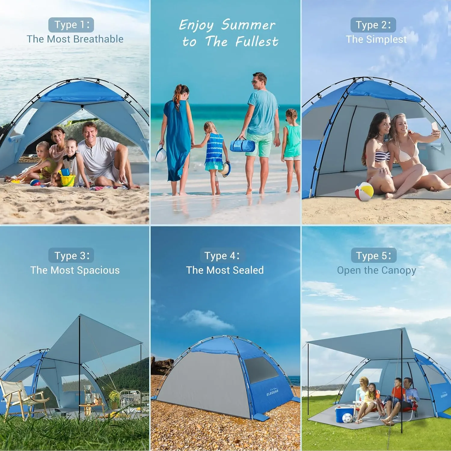 Elegear Beach Tent Sun Shelter with Canopy, 4-5 Person Pop Up Beach Tent Cabana, Easy Setup UPF 50  UV Protection Portable Lightweight Double Silver Coating Sun Shade Shelter - Dark Blue