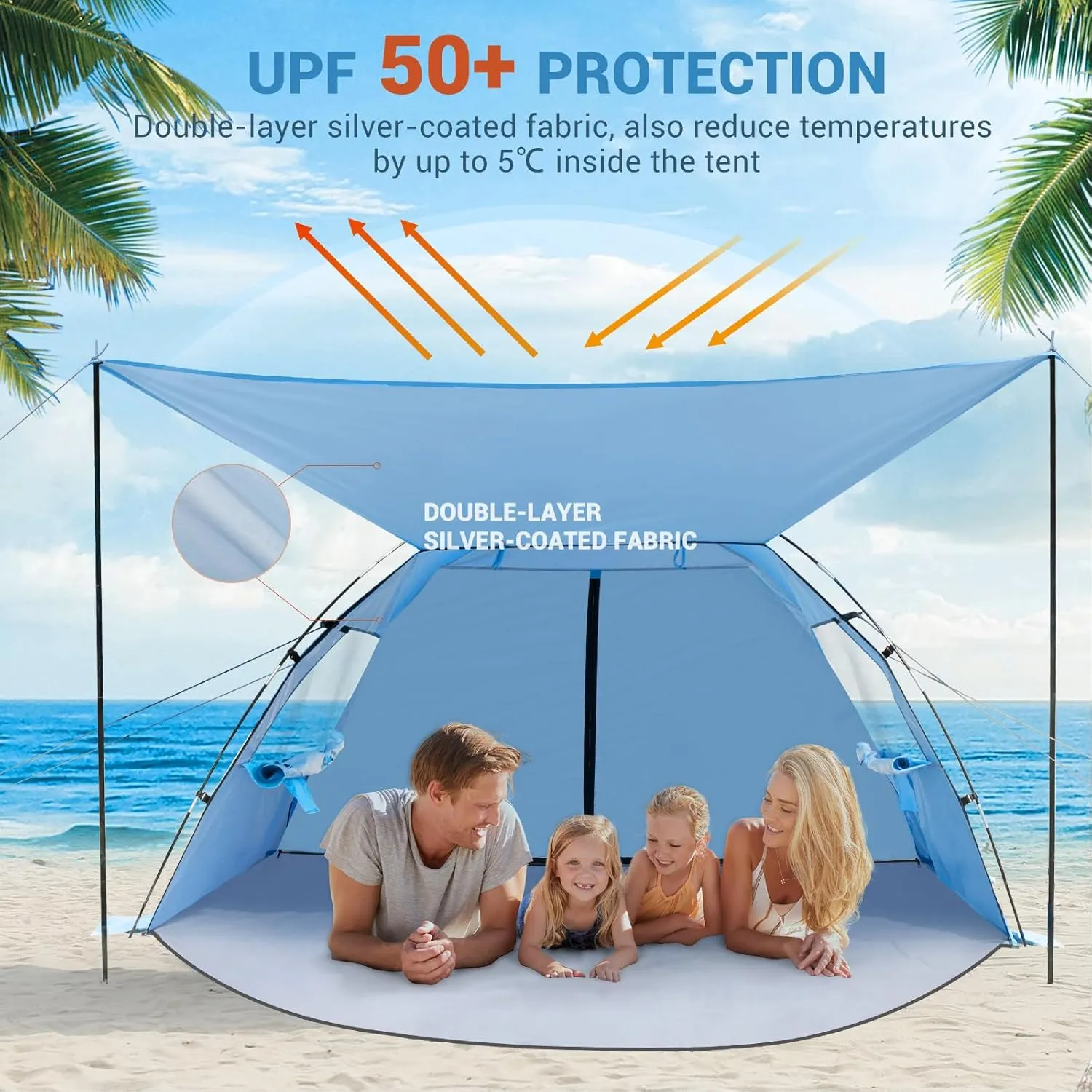Elegear Beach Tent Sun Shelter with Canopy, 4-5 Person Pop Up Beach Tent Cabana, Easy Setup UPF 50  UV Protection Portable Lightweight Double Silver Coating Sun Shade Shelter - Dark Blue