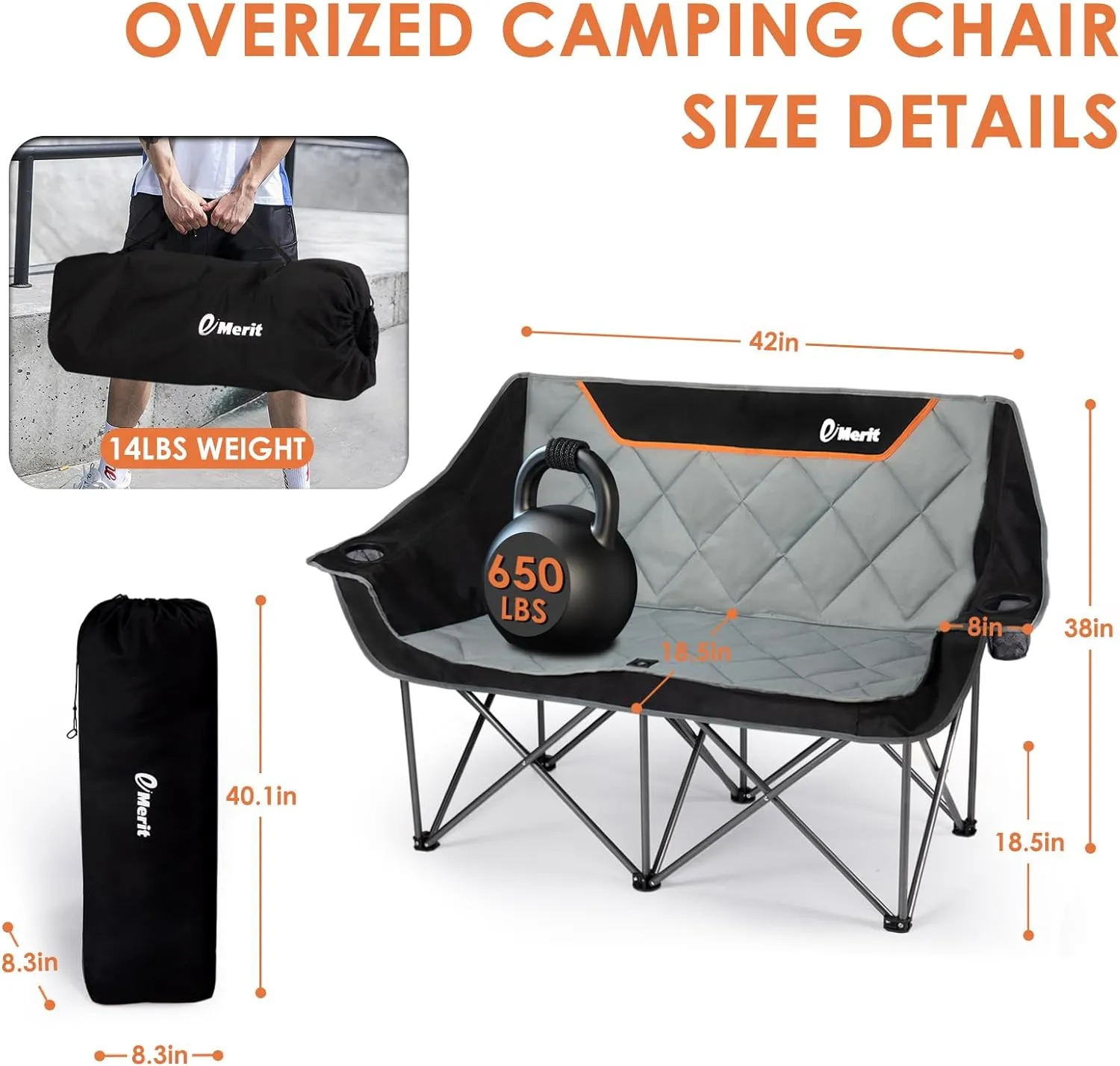 EMERIT Oversized Double Duo Camping Chair Folding Camping Loveseat 2 Person Camping Couch Heavy Duty Lawn Chairs for Outside with Padded Seats & Armrests-Support 650LBS