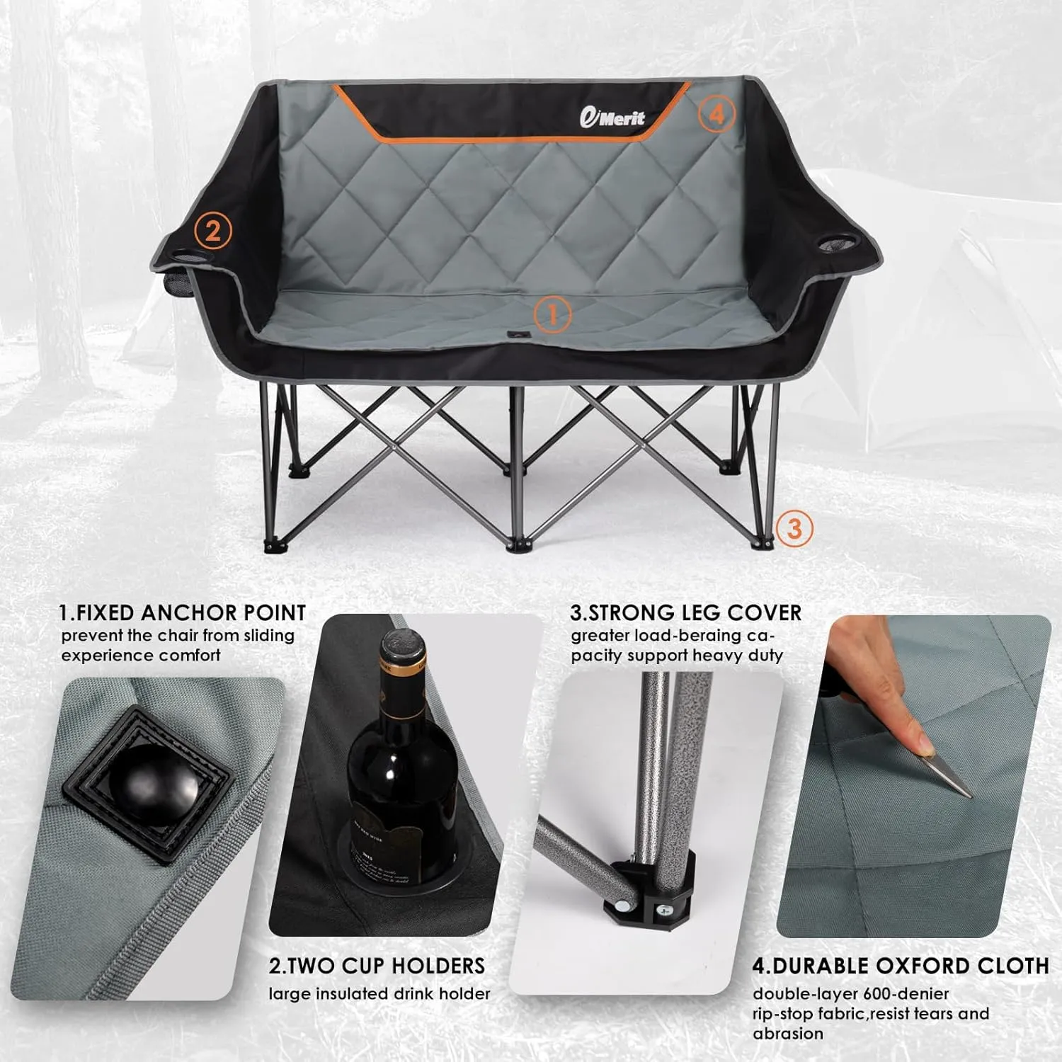 EMERIT Oversized Double Duo Camping Chair Folding Camping Loveseat 2 Person Camping Couch Heavy Duty Lawn Chairs for Outside with Padded Seats & Armrests-Support 650LBS