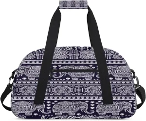 Ethnic Style Elephant Gym Duffel Bag for Men Women Vintage Floral Sports Tote Bag with Adjustable Shoulder Strap for Dance Gymnastics Traveling Outdoor Camping Overnight Stay