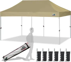 Eurmax USA 10'x20' Pop Up Canopy Tent Commercial Instant Canopies with Heavy Duty Roller Bag,Bonus 6 Sand Weights Bags (Khaki)