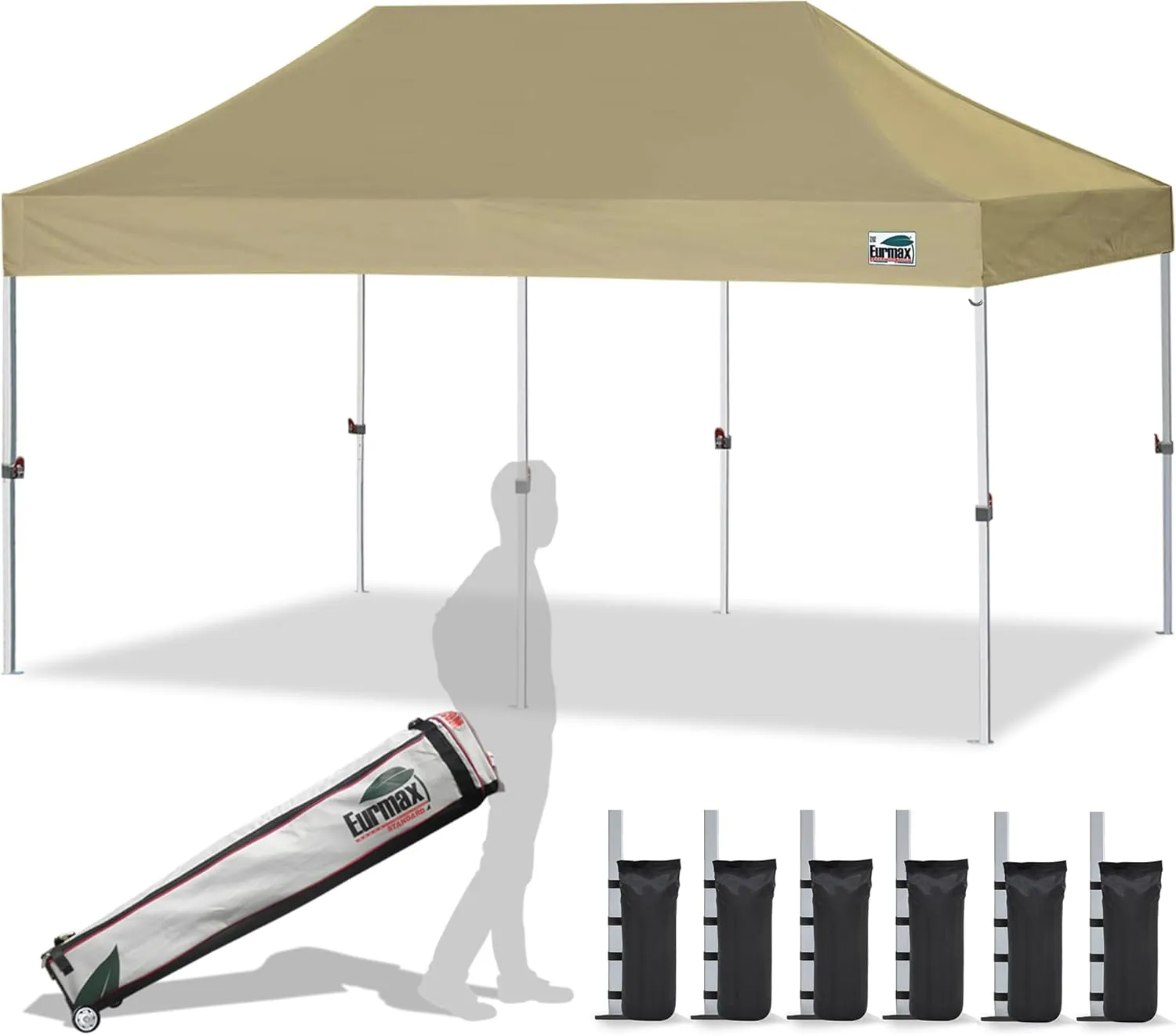 Eurmax USA 10'x20' Pop Up Canopy Tent Commercial Instant Canopies with Heavy Duty Roller Bag,Bonus 6 Sand Weights Bags (Khaki)