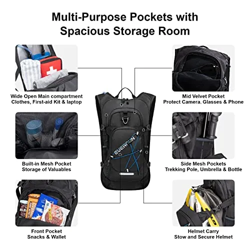 EVERFUN Hydration Backpack with Free 2L Water Bladder BPA Free Lightweight Insulation Hiking Pack Tactical Backpack Women Men Hydration Day Rucksack for Cycling, Climbing, Camping, Hiking, Black