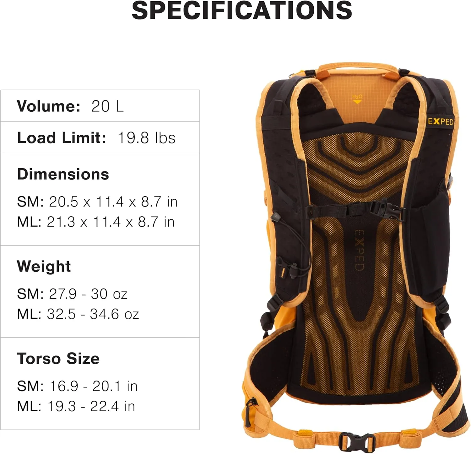 Exped Skyline 20 Liter Backpack - Lightweight Daypack Used for Hiking, Day Trips, and Travel, Hip Belt, Rain Cover, Storage and Bladder Compartment, Short/Medium, Gold