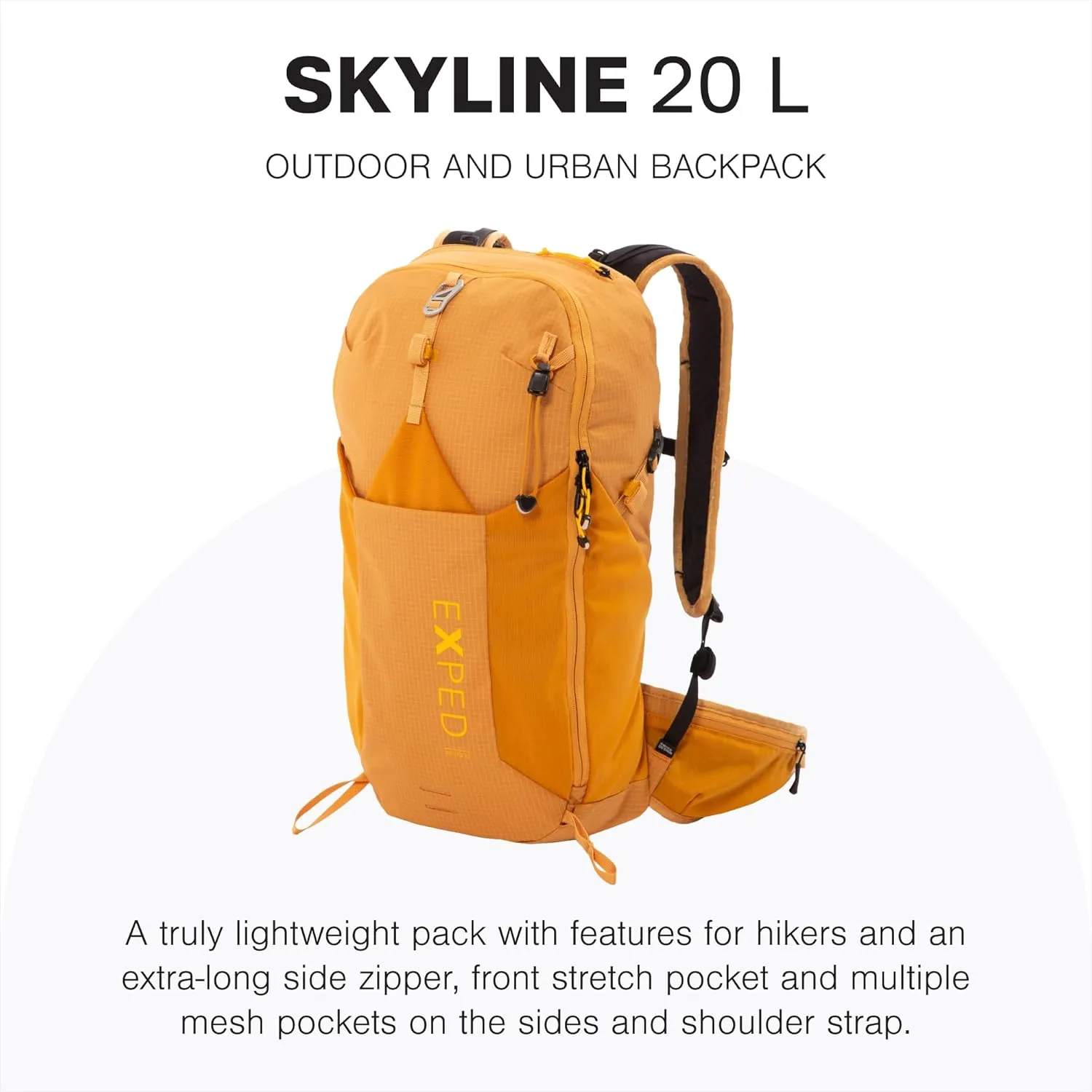 Exped Skyline 20 Liter Backpack - Lightweight Daypack Used for Hiking, Day Trips, and Travel, Hip Belt, Rain Cover, Storage and Bladder Compartment, Short/Medium, Gold