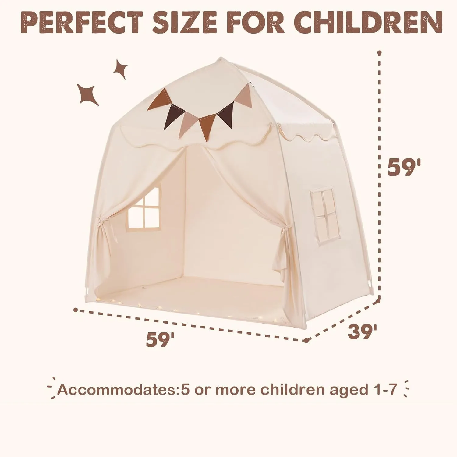 Extra Large Kids Play Tent with Flags & Star Lights, Portable & Foldable Teepee, Boys & Girls, Indoor Outdoor Dome Tent Playhouse, 59x39x59 in, Cream