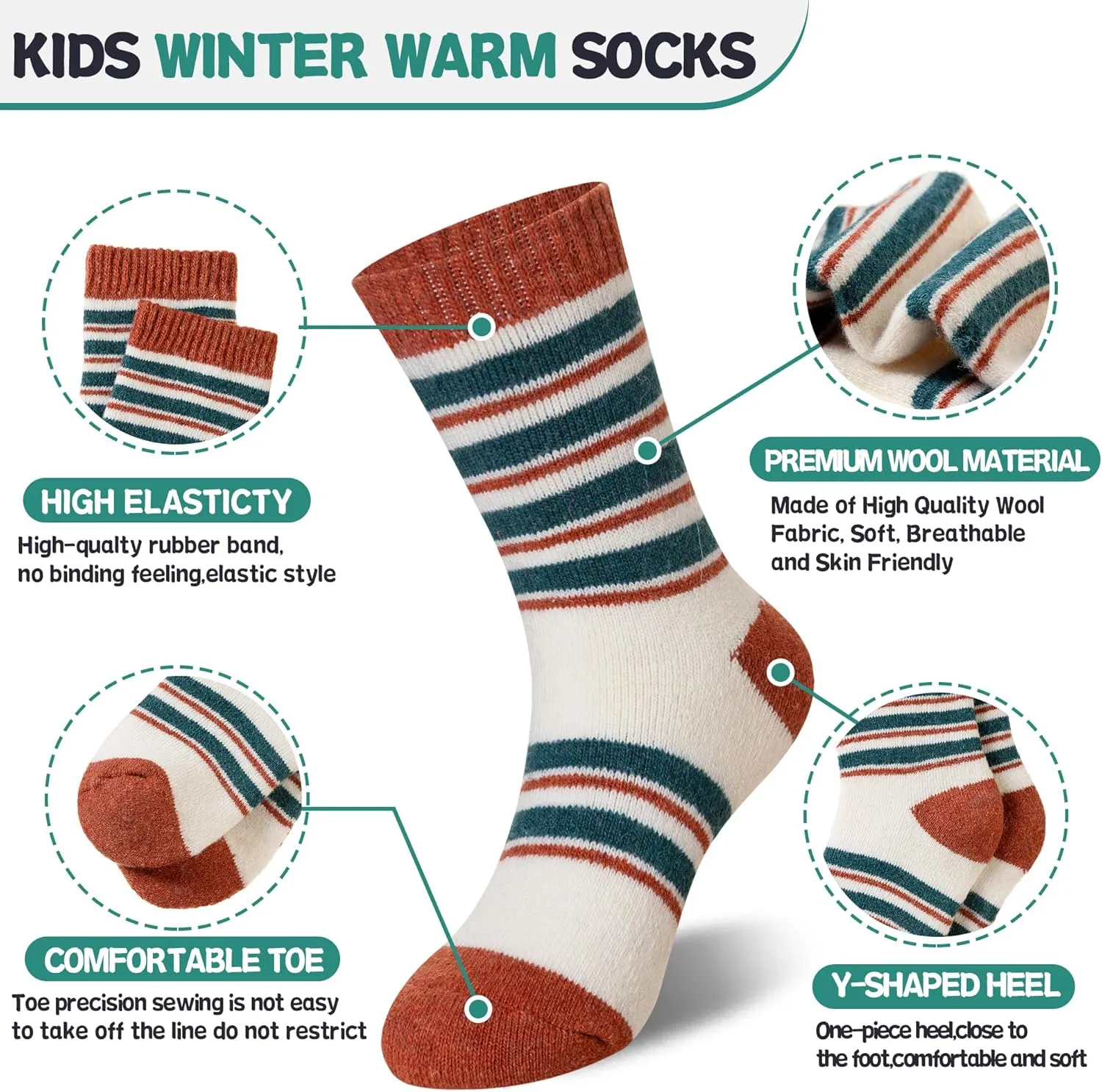 Eyean Kids Merino Wool Socks Boys Girls Thermal Winter Hiking Warm Thick Boot Cozy Toddler Crew Socks 6 Pairs
