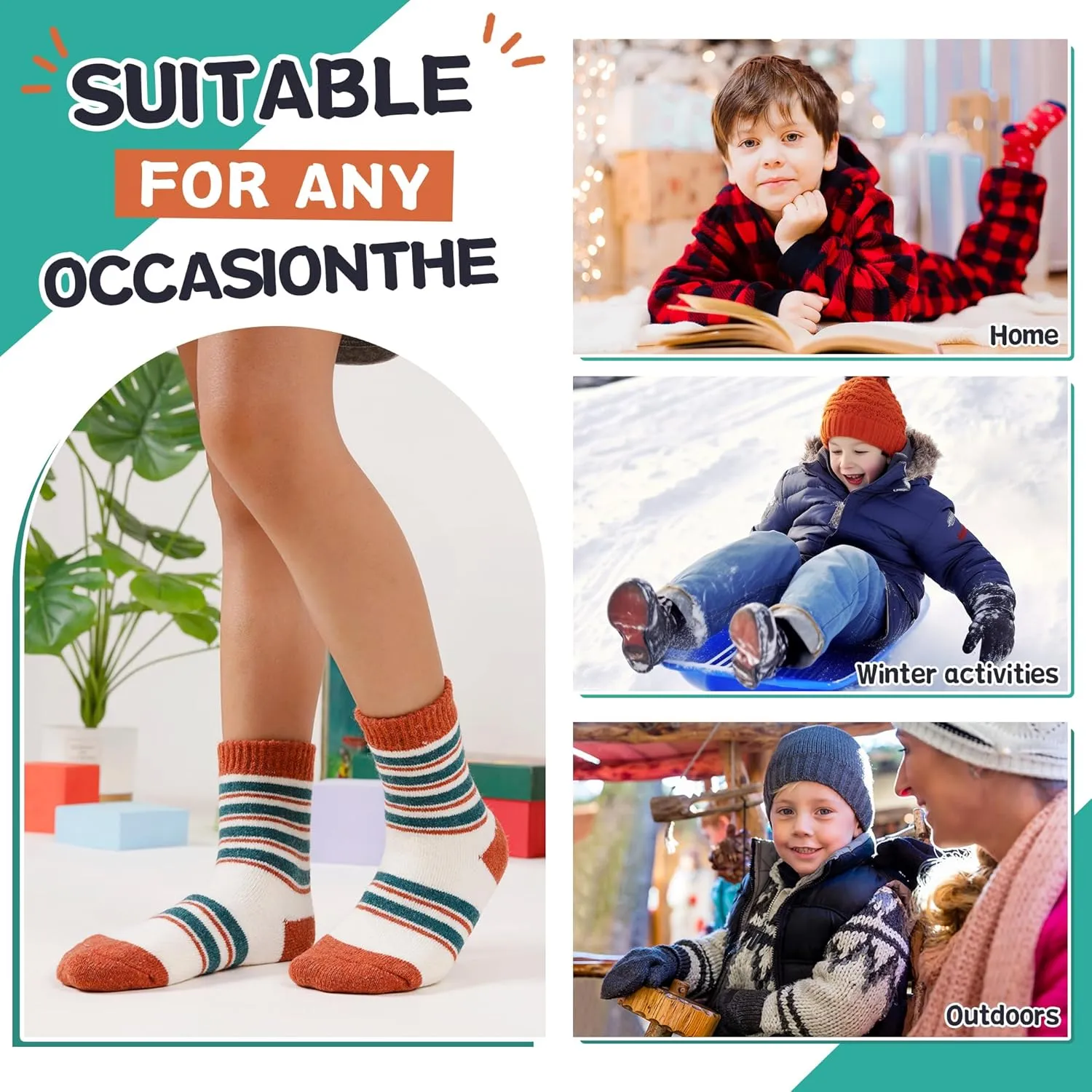 Eyean Kids Merino Wool Socks Boys Girls Thermal Winter Hiking Warm Thick Boot Cozy Toddler Crew Socks 6 Pairs
