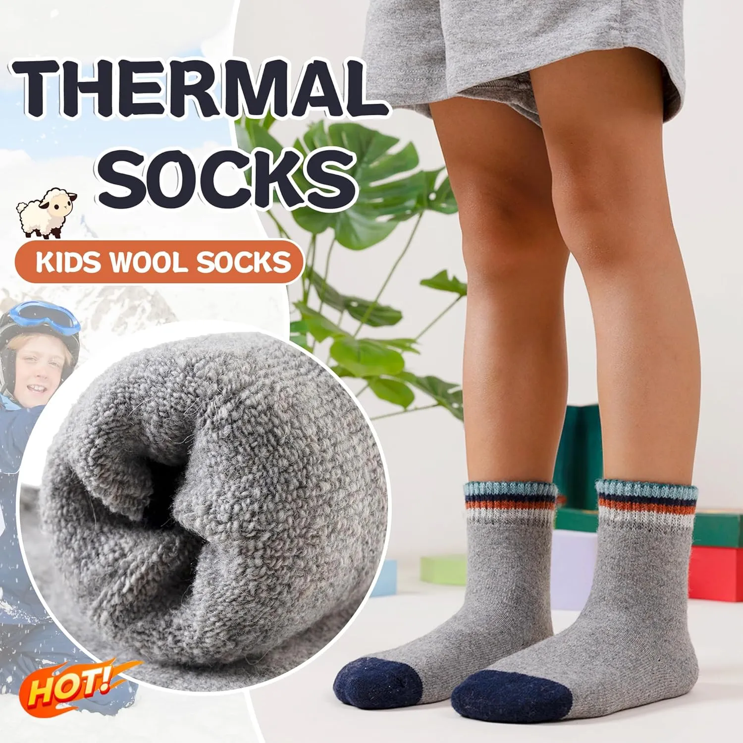 Eyean Kids Merino Wool Socks Boys Girls Thermal Winter Hiking Warm Thick Boot Cozy Toddler Crew Socks 6 Pairs