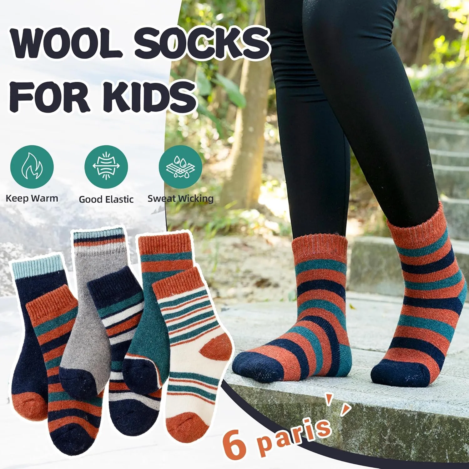 Eyean Kids Merino Wool Socks Boys Girls Thermal Winter Hiking Warm Thick Boot Cozy Toddler Crew Socks 6 Pairs
