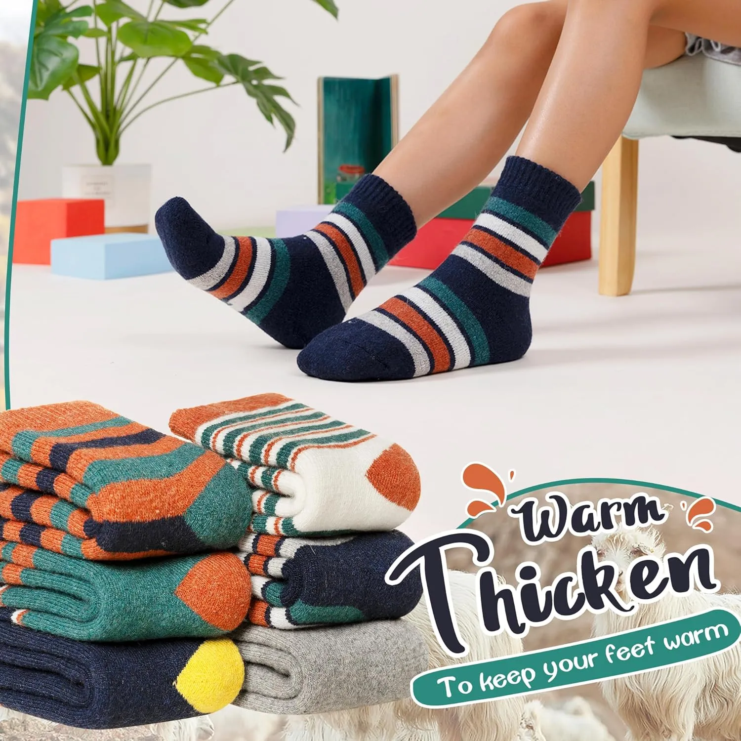 Eyean Kids Merino Wool Socks Boys Girls Thermal Winter Hiking Warm Thick Boot Cozy Toddler Crew Socks 6 Pairs