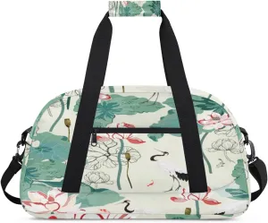 Fairy Crane Gym Duffel Bag for Men Women Lotus Flower Sports Tote Bag with Adjustable Shoulder Strap for Dance Gymnastics Traveling Outdoor Camping Overnight Stay