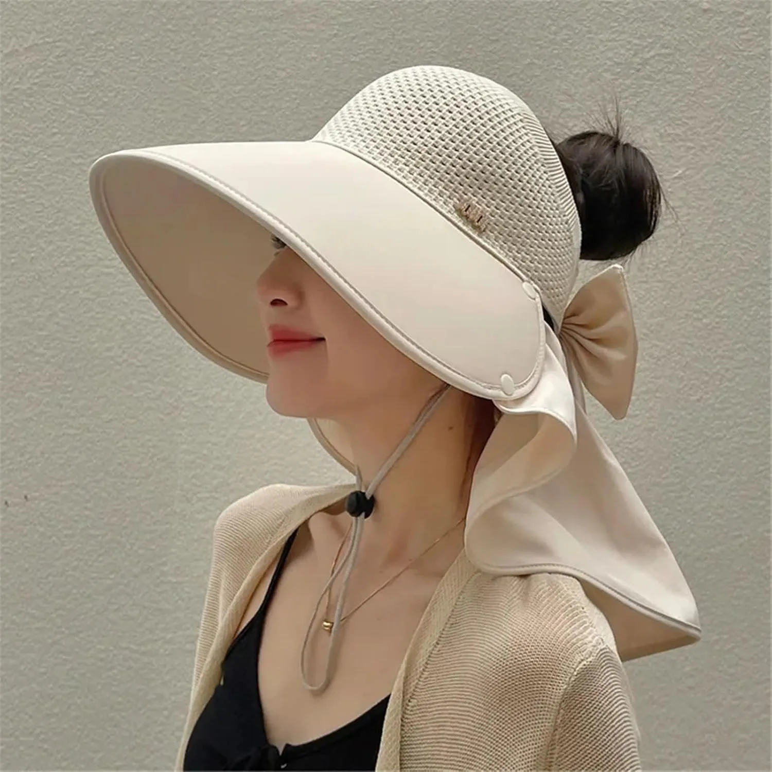Fashion Wide Brim Cap Hat Shawl Sunblock Women Summer Outdoor UV-Proof Empty Wide Brim Visor Sun