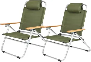 Fasion Lohascamping Outdoor Long Relaxation Camping Chair with Pillow Foldable Adjustable Desk Portable Fishing Recliner Travel Picnic Light(Green Chair 2 pcs)