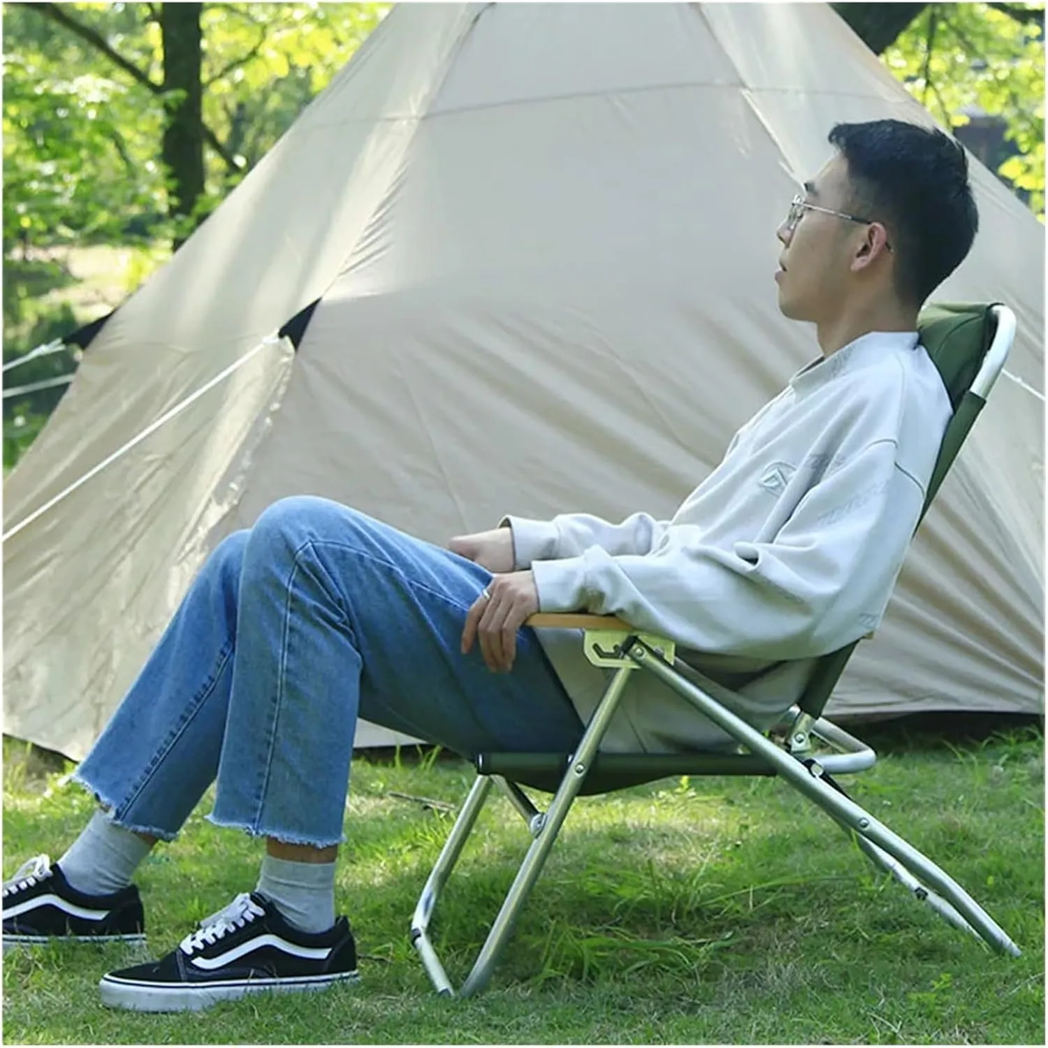 Fasion Lohascamping Outdoor Long Relaxation Camping Chair with Pillow Foldable Adjustable Desk Portable Fishing Recliner Travel Picnic Light(Green Chair 2 pcs)