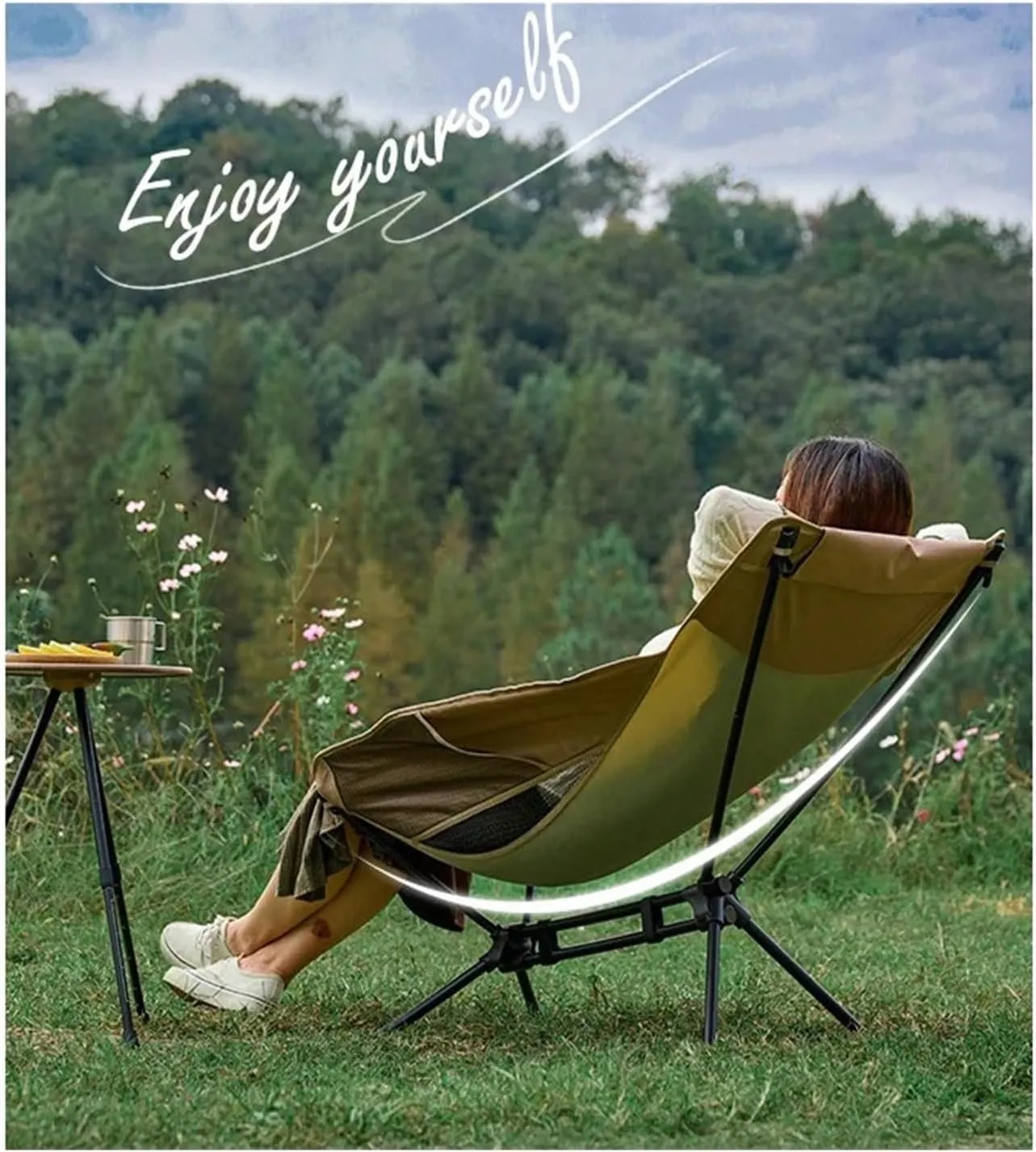 Fasion Outdoor Portable Convenient Folding Chair Camping Ultra-Light Moon Chair Aluminum Alloy with Pillow Portable Recliner Light(Khaki)