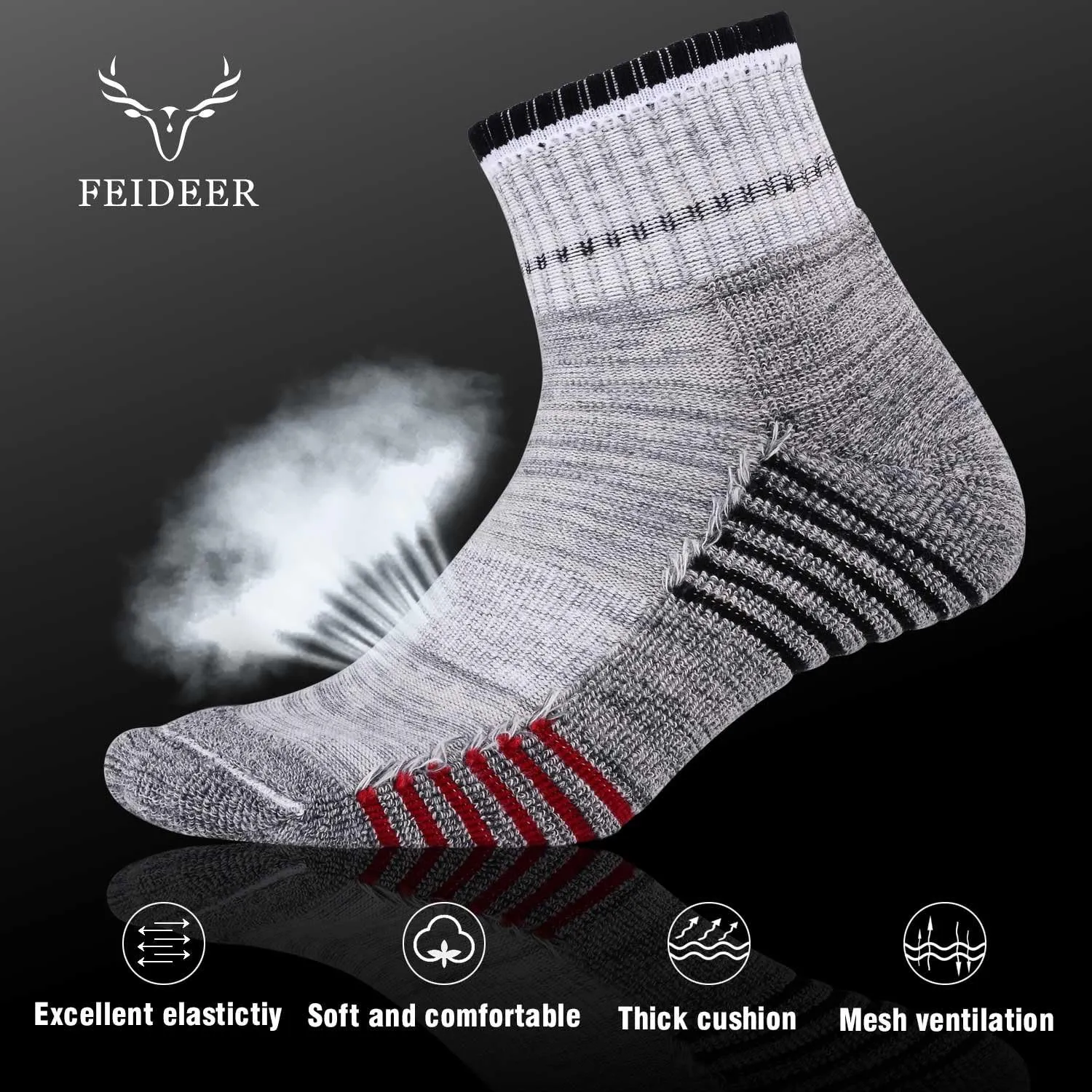 FEIDEER Men's Walking Hiking Socks, Wicking Cushion Quarter Crew Socks for Mens Outdoor Sports, 3/4/5 Pair, 6-15 Size