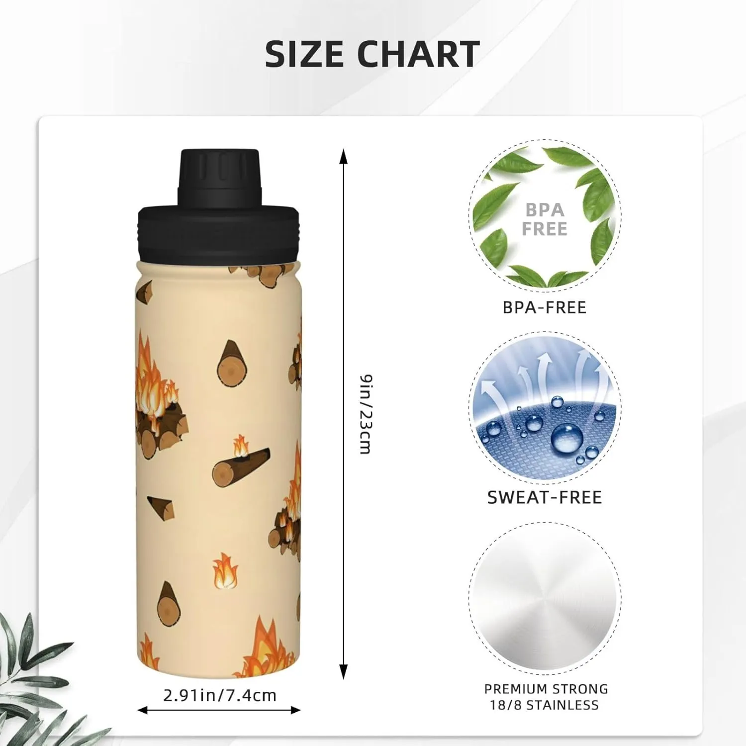 Fire and Wood Sports Water Bottle 18 Oz Stainless Steel Sports Insulated Kettle for Travel Outdoor Gym
