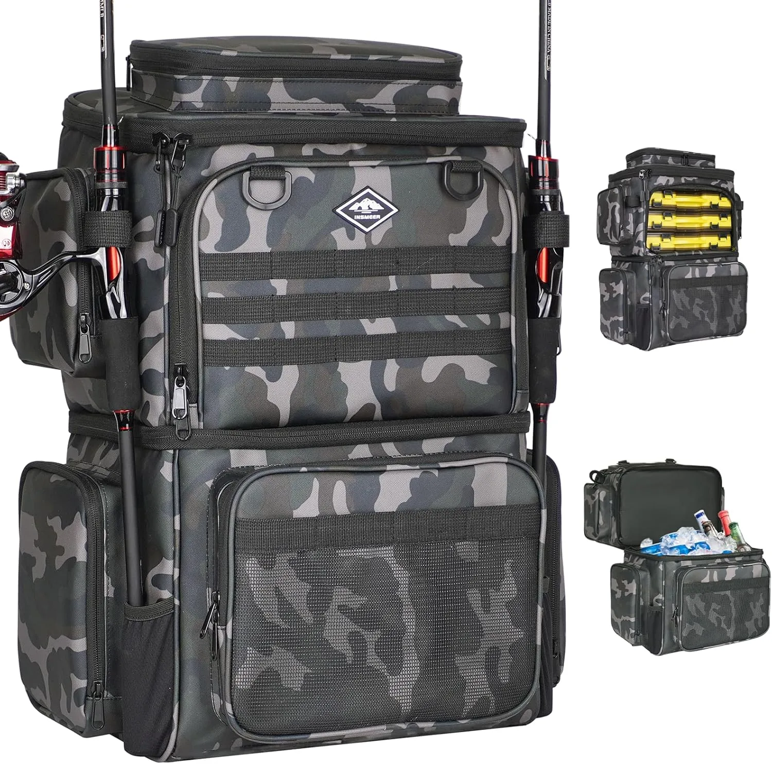 Fishing Tackle Backpack with Cooler Bag, Waterproof Fishing Bag with 2 Rod Holders, 53L-Large Fishing Backpacks with Bottle Holder & Coolers, Fishing Equipment for Beginner Fishing, Camping, Hiking