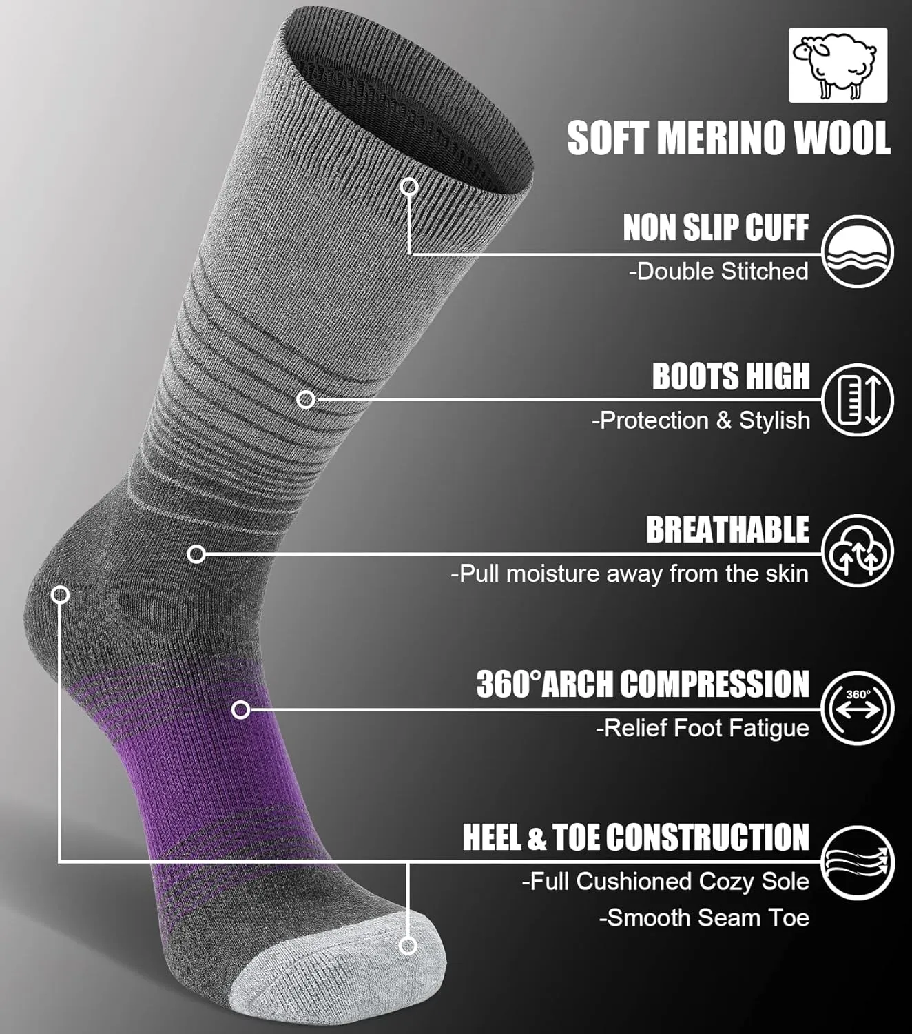 FITRELL 4 Pack Women's Merino Wool Hiking Socks Wicking Cushioned Warm Thermal Walking Boot Crew Socks Woollen Socks