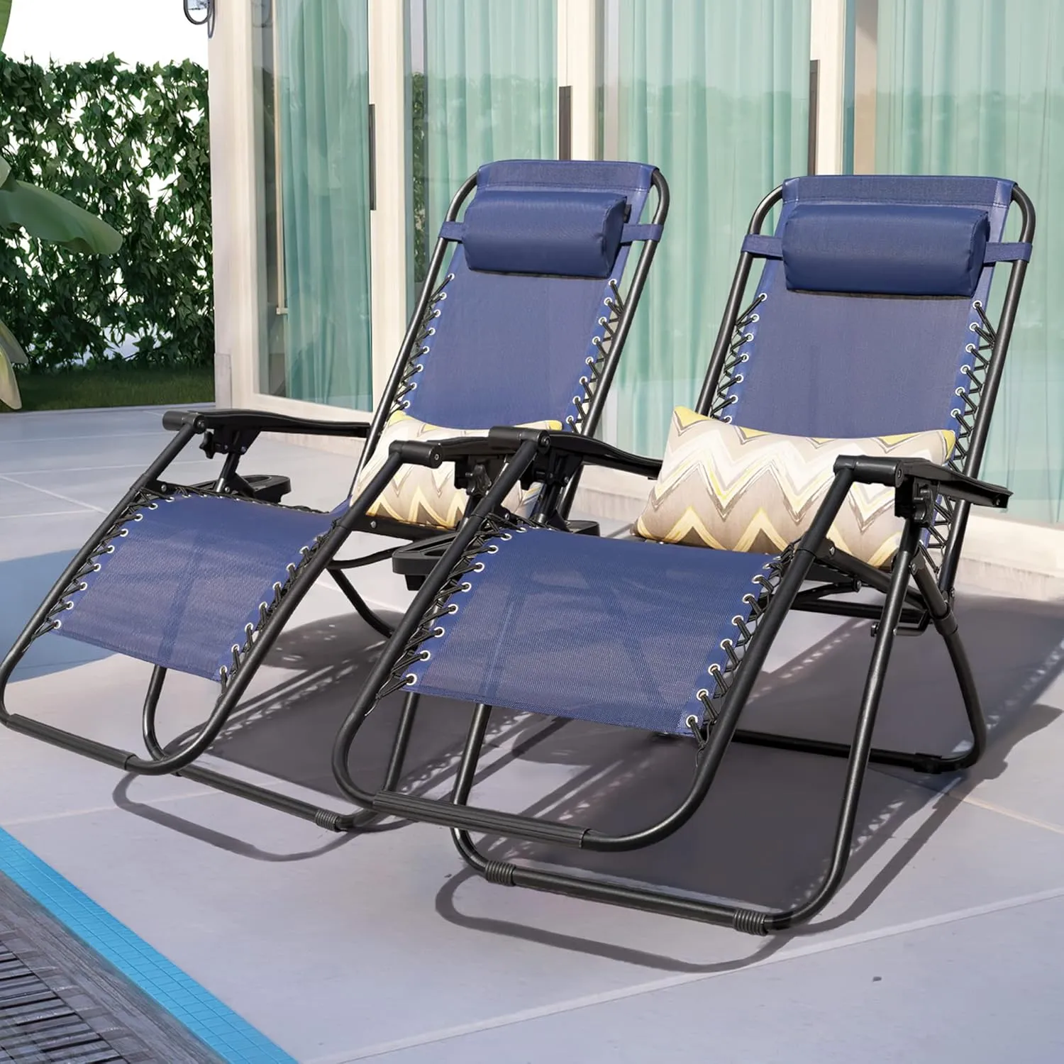 Flamaker Patio Zero Gravity Chair Outdoor Folding Lounge Chair Recliners Adjustable Lawn Lounge Chair with Pillow for Poolside, Yard and Camping (Deep Blue)
