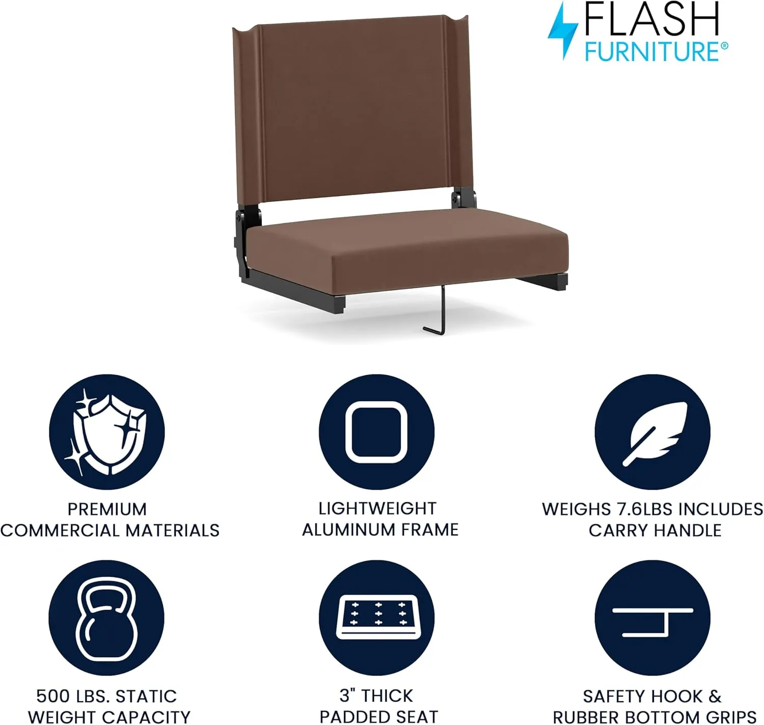 Flash Furniture Grandstand Portable Stadium Seat for Bleachers or Benches, Folding Padded Stadium Chair with Carrying Handle, 500 lb. Weight Capacity, Brown