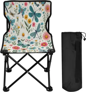 Flower Butterfly Dragonfly Portable Outdoor Folding Chair Anti-Slip Padded Oxford Cloth Stool Camping Chair Small for Beach Hiking Fishing Gardening Quad Camp Chair