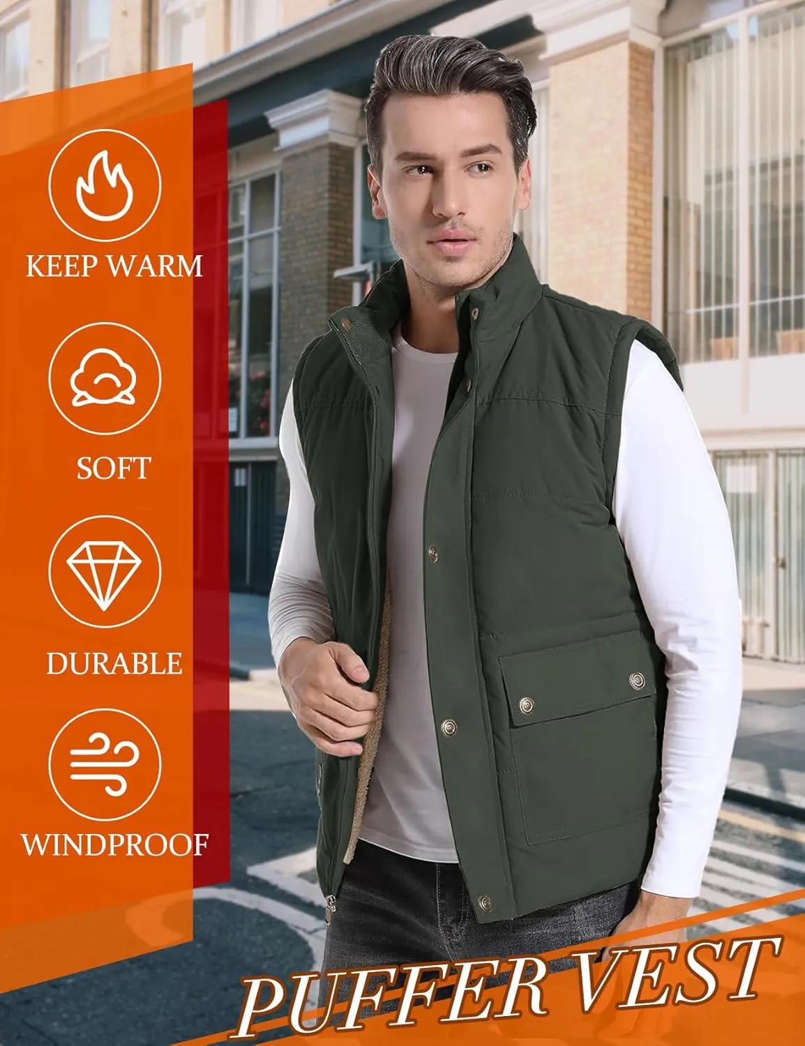 Flygo Men's Winter Warm Outdoor Padded Puffer Vest Thick Fleece Lined Sleeveless Jacket