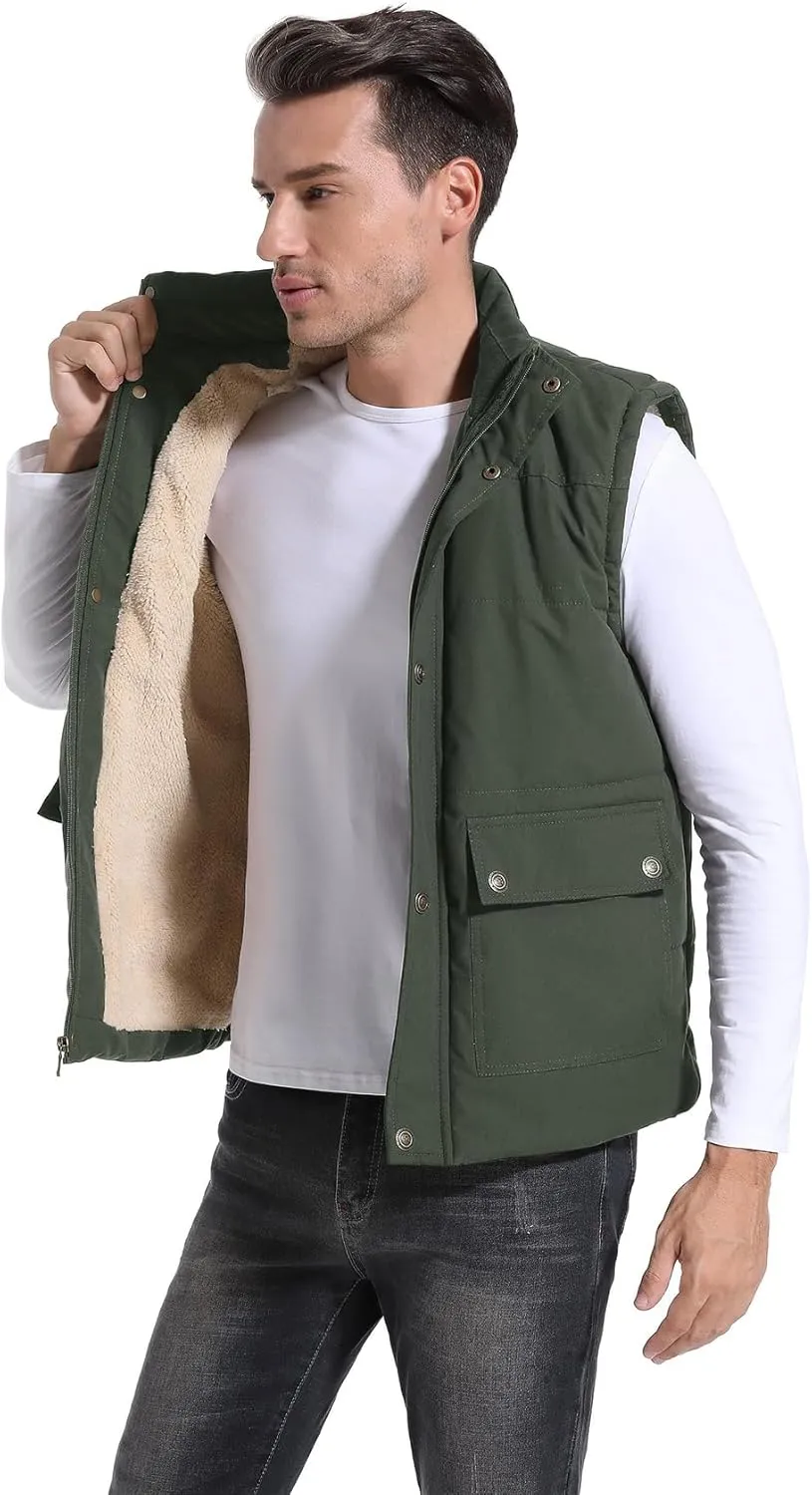 Flygo Men's Winter Warm Outdoor Padded Puffer Vest Thick Fleece Lined Sleeveless Jacket