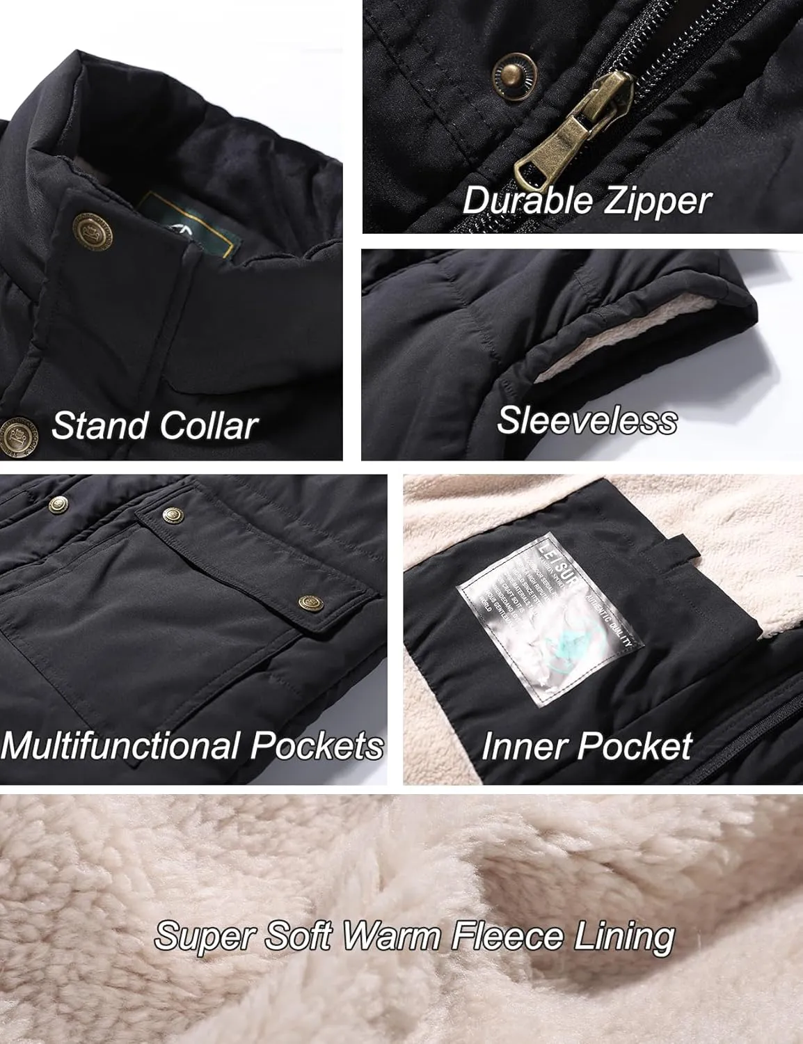 Flygo Men's Winter Warm Outdoor Padded Puffer Vest Thick Fleece Lined Sleeveless Jacket