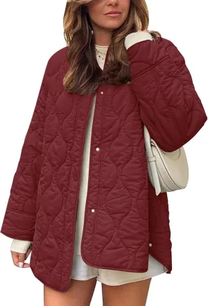 Flygo Women's Oversized Quilted Lightweight Jacket Button Down Puffer Padded Outerwear with Pocket