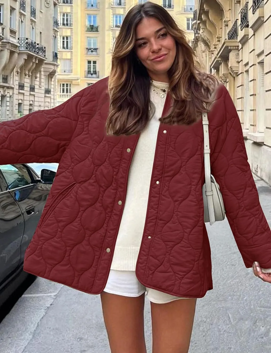 Flygo Women's Oversized Quilted Lightweight Jacket Button Down Puffer Padded Outerwear with Pocket
