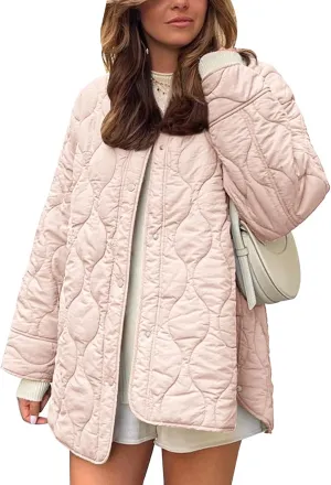 Flygo Women's Oversized Quilted Lightweight Jacket Button Down Puffer Padded Outerwear with Pocket