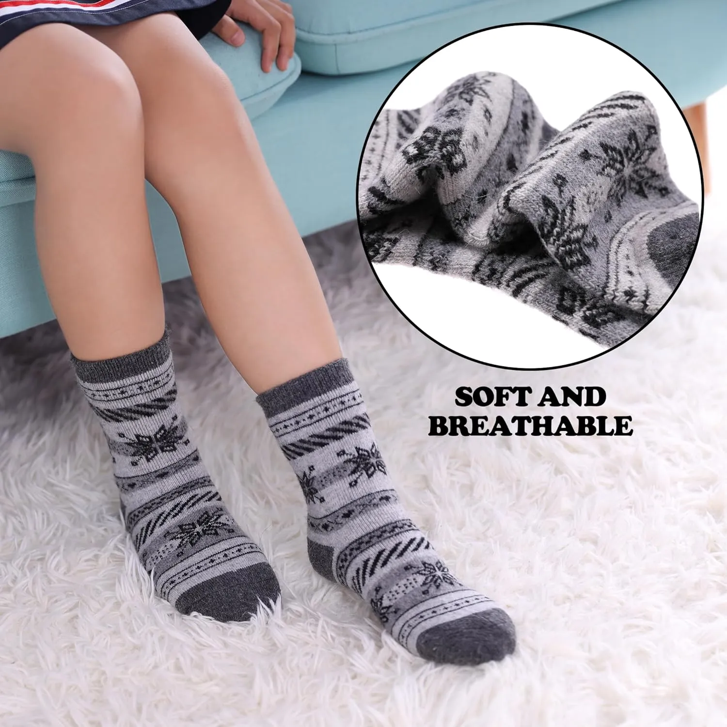 FNOVCO Kids Merino Wool Hiking Socks Toddlers Boys Girls Cozy Thermal Winter Thick Warm Crew Socks 6 Pairs