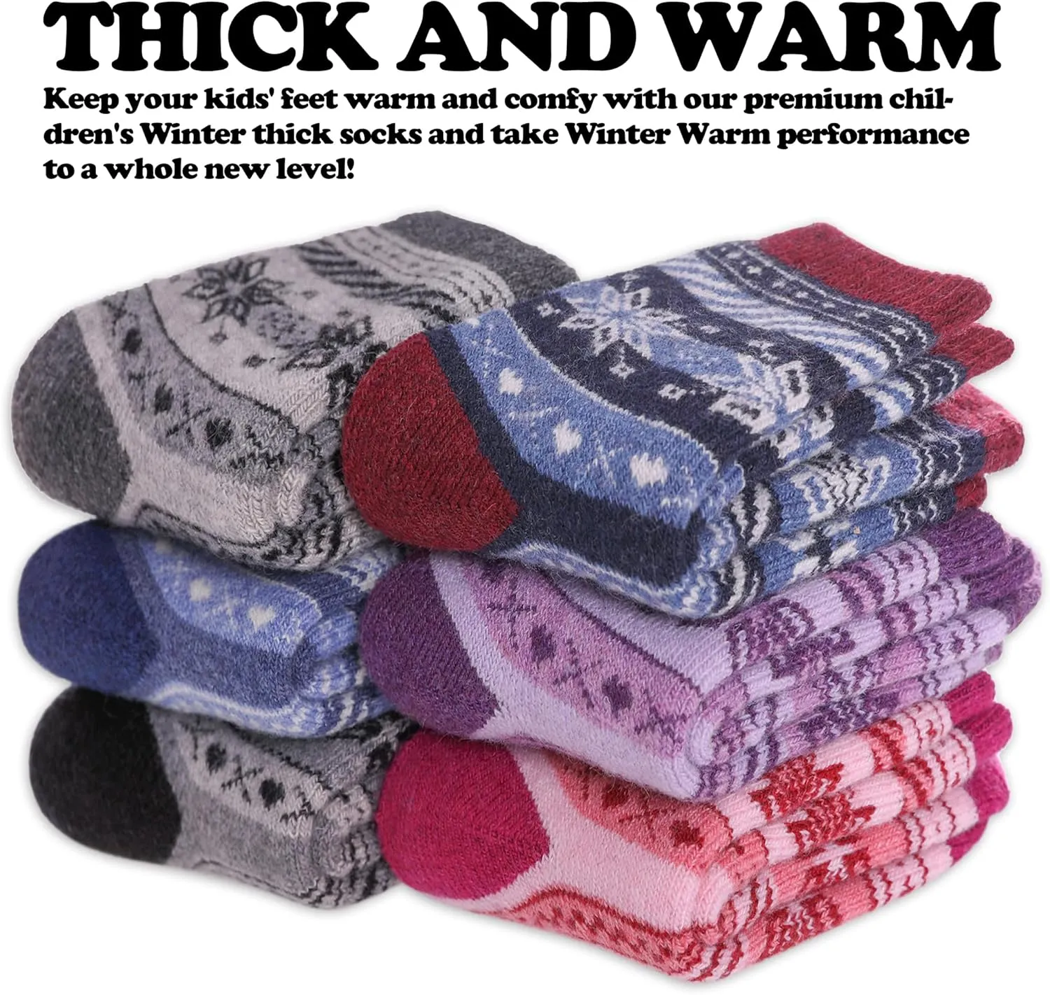 FNOVCO Kids Merino Wool Hiking Socks Toddlers Boys Girls Cozy Thermal Winter Thick Warm Crew Socks 6 Pairs